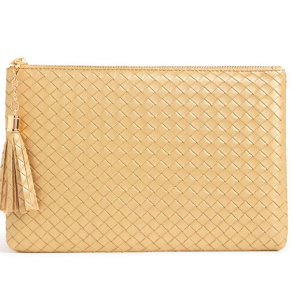 VIRGINA WOLF Mimi Woven Pouch Metallic Gold Vegan Leather New